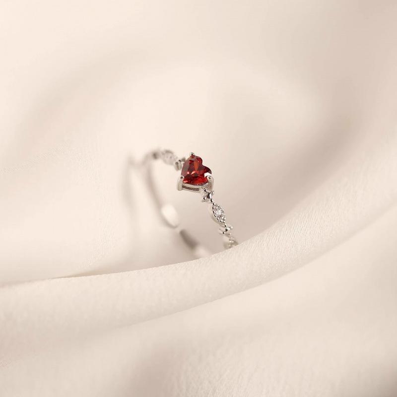 Heart-Shaped Red Zirconia Open Ring – Japanese Style, Elegant & Fresh Women's Wedding Ring