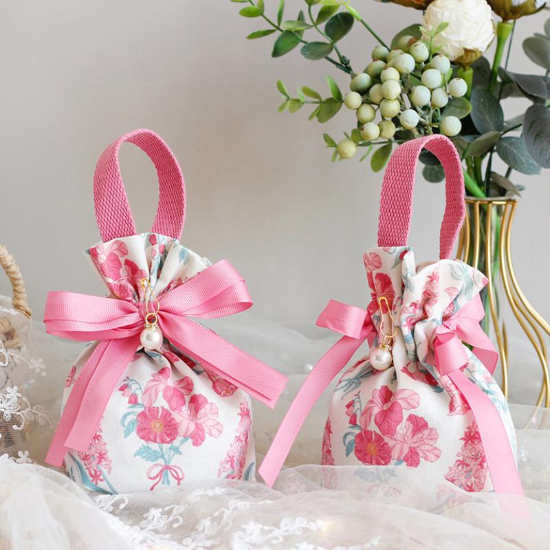 Small Floral Canvas Drawstring Bag Small Bowknot Jewelry Pouch With Pearl Chain Wedding Candy Packaging Bag