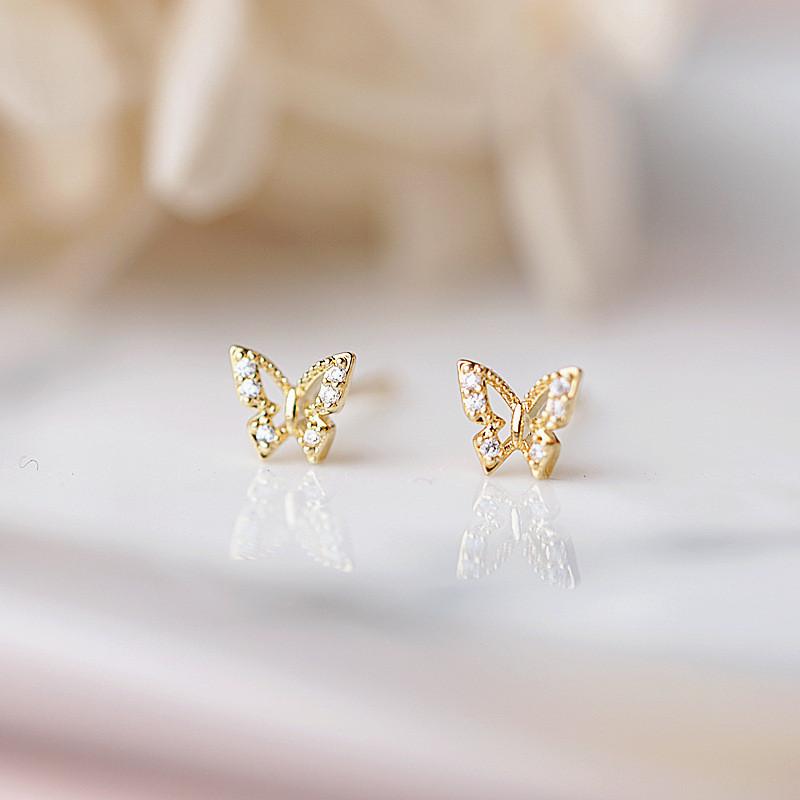 925 Silver Inlaid Crystal Butterfly Stud Earrings Women Classic Daily Jewelry Exquisite Quality