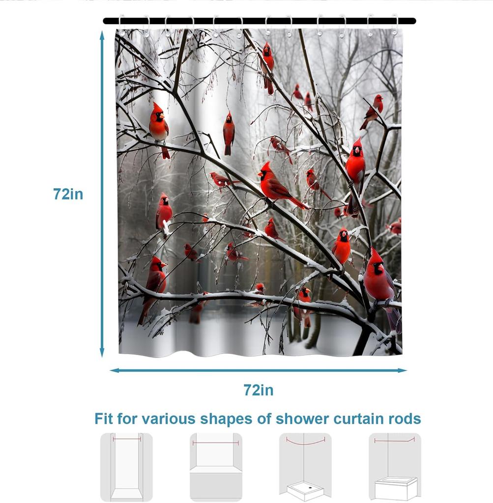 Forest Tree Shower Curtains Cute Cardinal Birds On Branch Theme Cloth Fabric Bathroom Decor Sets With Hooks Waterproof Washable