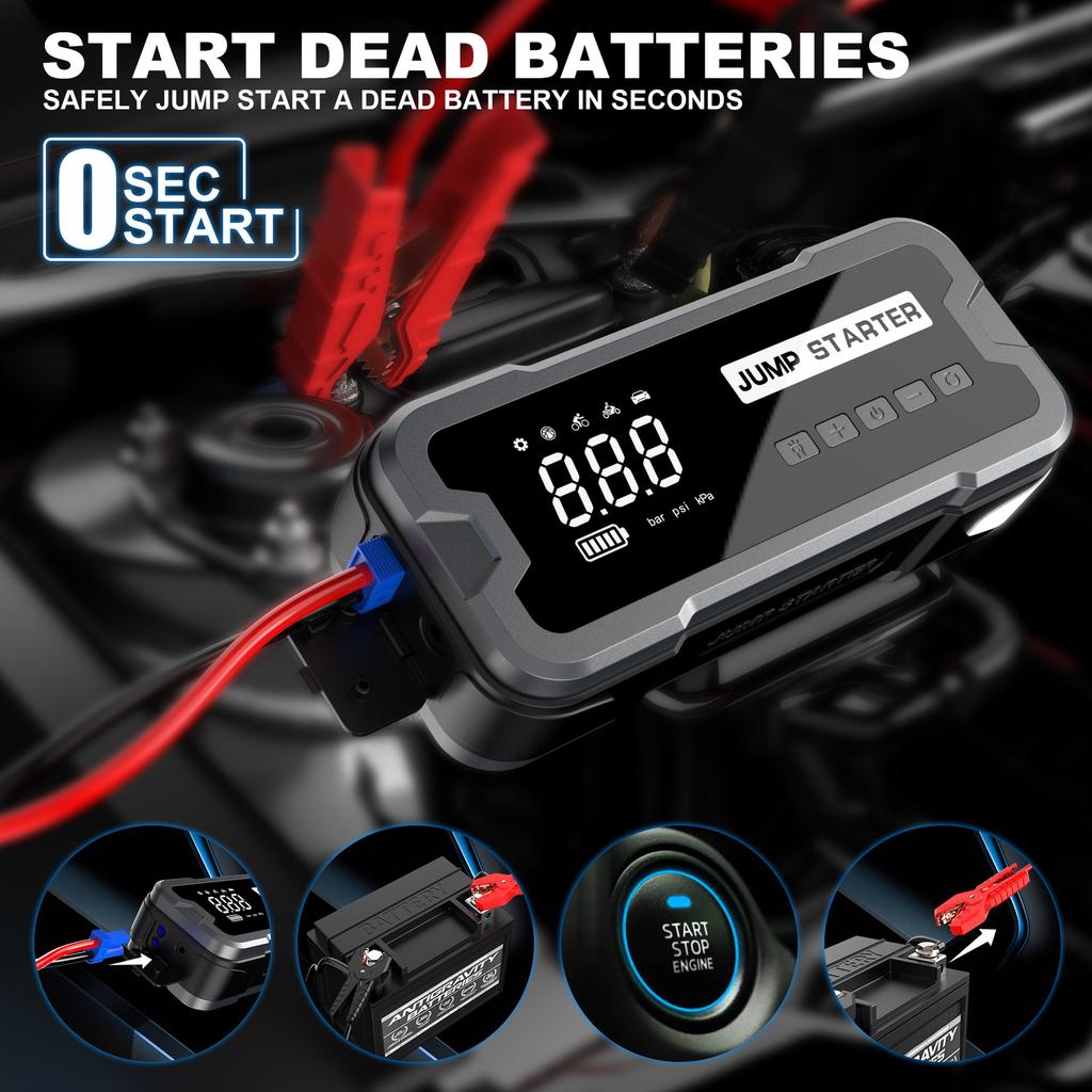 10000mAh 2000A Peak Car Jump Starter Air Compressor 4 In 1 Emergency Flashlight Portable Power Bank for Gas & Diesel Vehicles