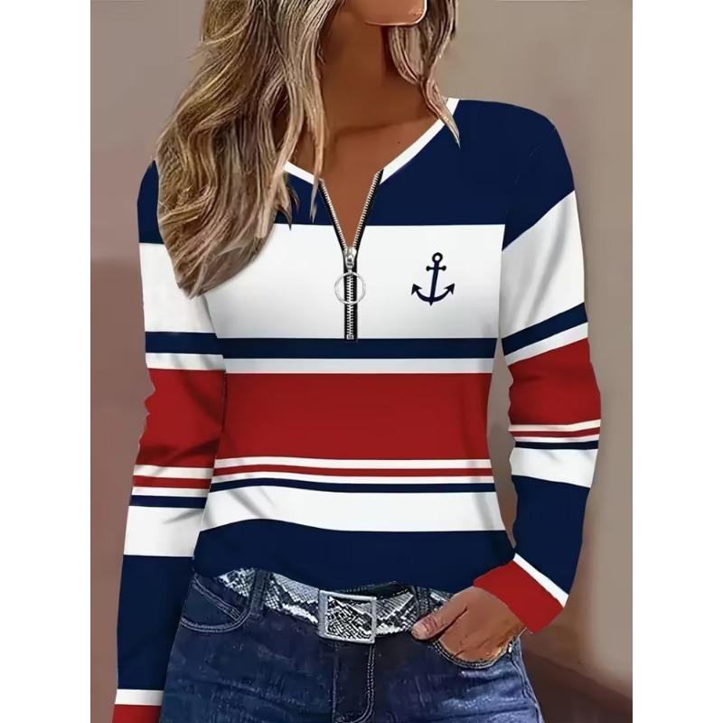 Ladies' 3D Printed V-neck Zipper T-shirt with Glossy Long Sleeved Top and Half Zipper Long Sleeved T-shirt