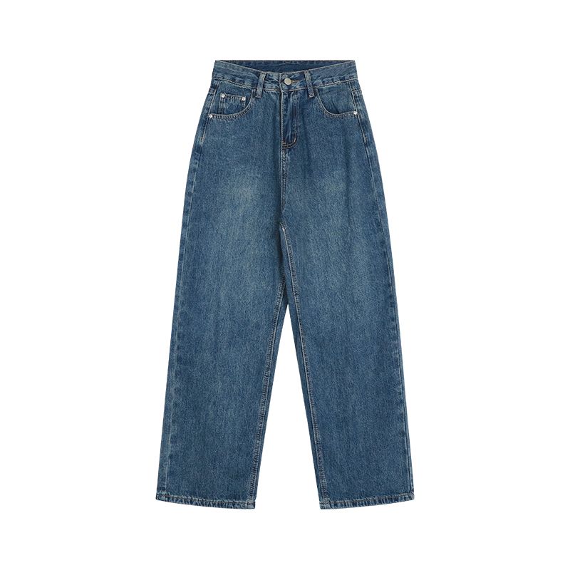 

Hong Kong Style Retro Distressed Straight High Waist Slimming Jeans Blue (Long) XL