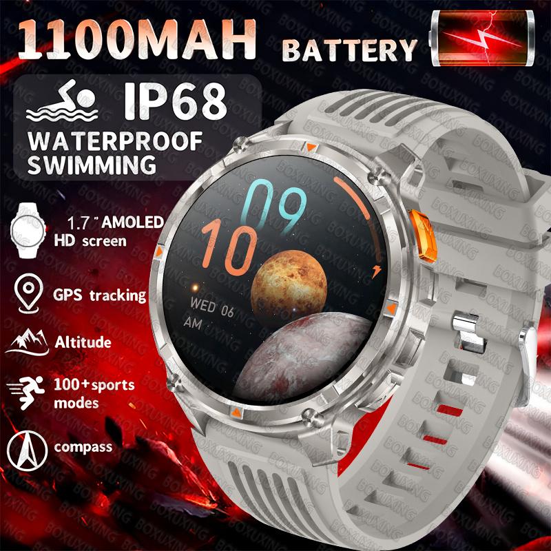 

New T-REX3 1100mAh Battery SmartWatch 10ATM Waterproof GPS Bluetooth call 1.7 AMOLED HD Sports Flashlight Smart Watch Men 1100 MAH сірий