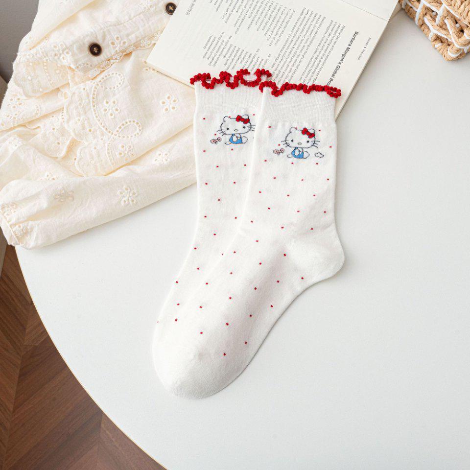 Wood Ear Lace Bubble Mouth Kitten Mid-Calf Socks - Women's Cute College-Style Striped Socks