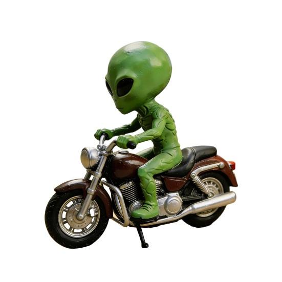 Alien Gnome Resin Statue, Sitting on Motorcycle Decorative Gnome Ornament, Waterproof Hand-Painted Garden Sculpture, for Indoor Outdoor Use