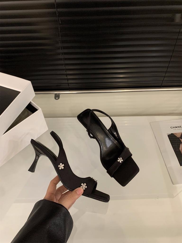 Niche Black High Heels with Sandals Fairy Shoes Temperament Rhinestone with Skirt Shoes