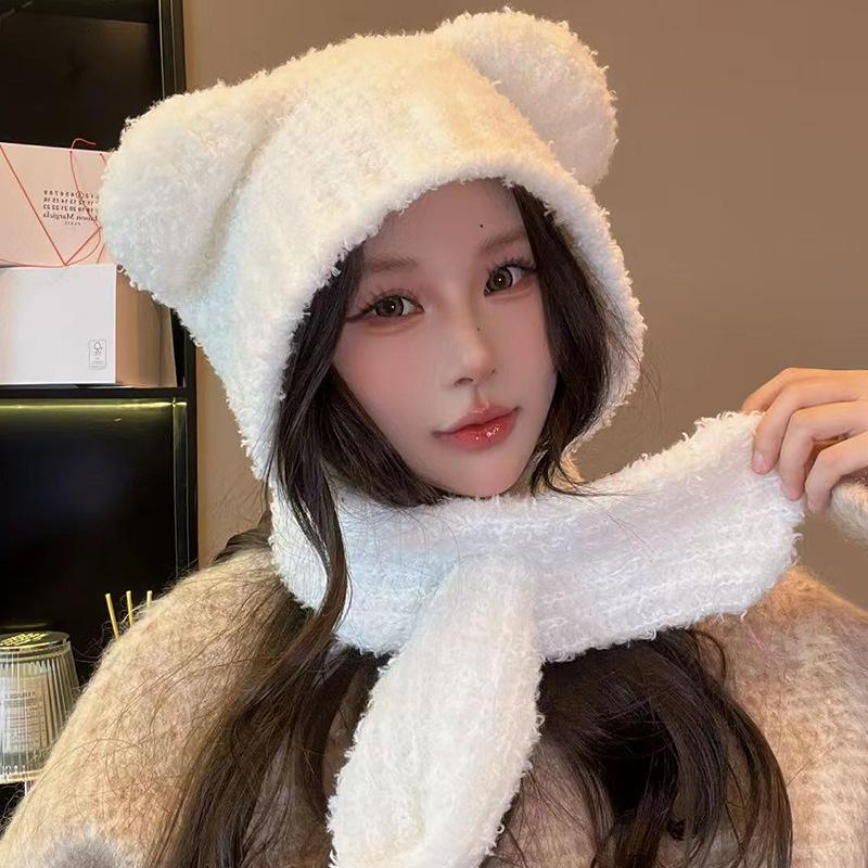Japanese Cute Winter Bear Color Blocking Ear Knitted Strap Lei Feng Hat Autumn and Winter Warm Ear Protection Wool Hat