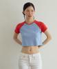 DOUBLE QUOTES Jui Crop Raglan T-Shirt (Red/Sky)