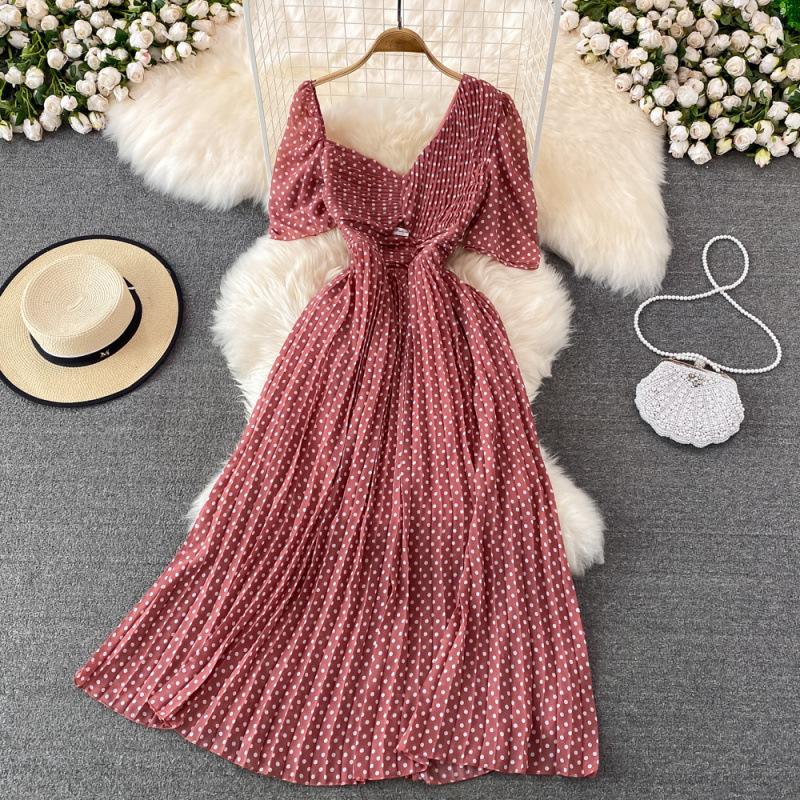 V-neck High Waist and Thin Hollow Bubble Sleeves Pleated Dress Seaside Vacation Pendulum Long Skirt Casual Style Short Sleeves