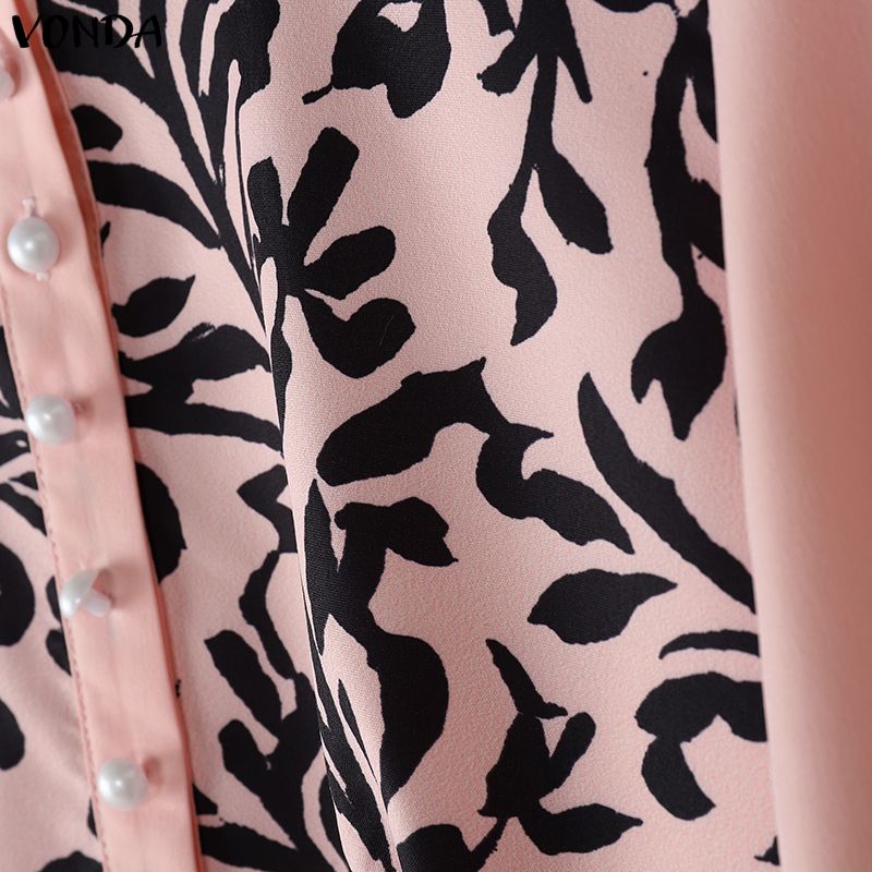 VONDA Elegant Women Puff Sleeve Print Patchwork Casual Loose Maxi Dress
