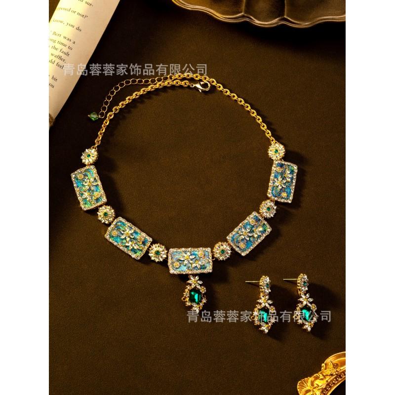 Socialite Temperament Grandmother Green Water Necklace Earring Set Light Luxury Fashion High-end Elegant Accessories Cross-border