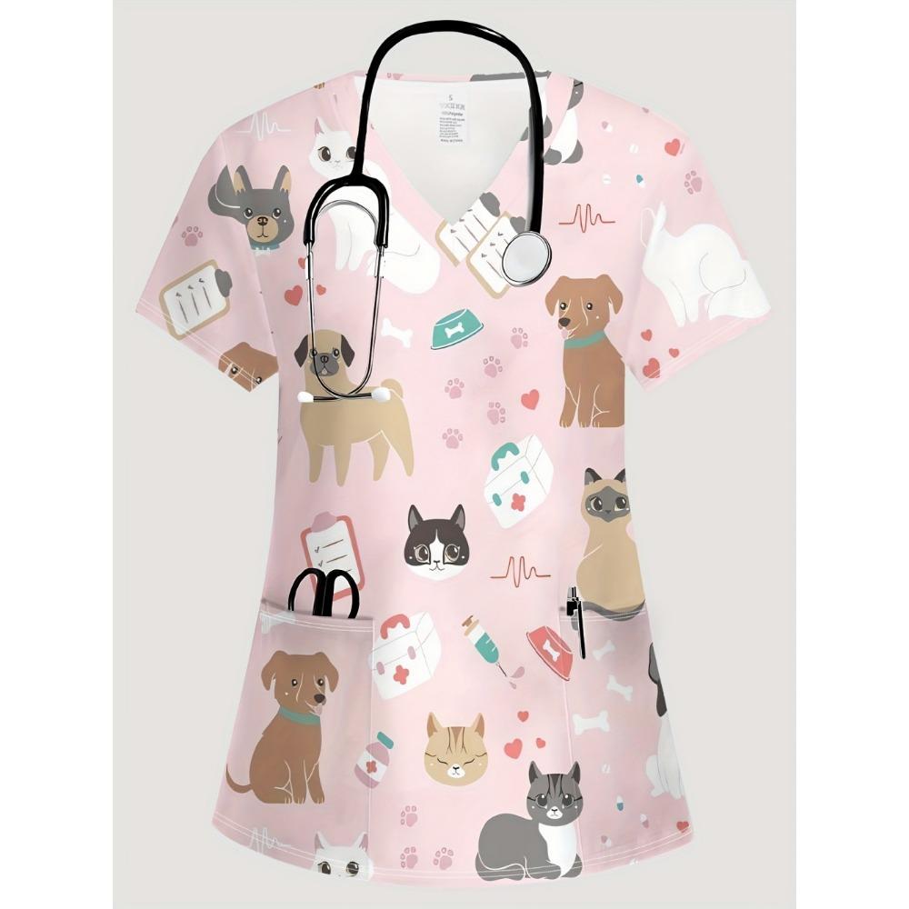 Surgical Uniforms Woman Elegant Fashion Womens Print V-Neck Short Sleeve Nursing Summer Comfortable Vet Clinical Uniforms Woman