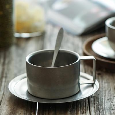 Retro Frosted Stainless Steel Coffee Cup Japanese Industrial Style 304 Stainless Steel Teacups and Saucers Household Tableware