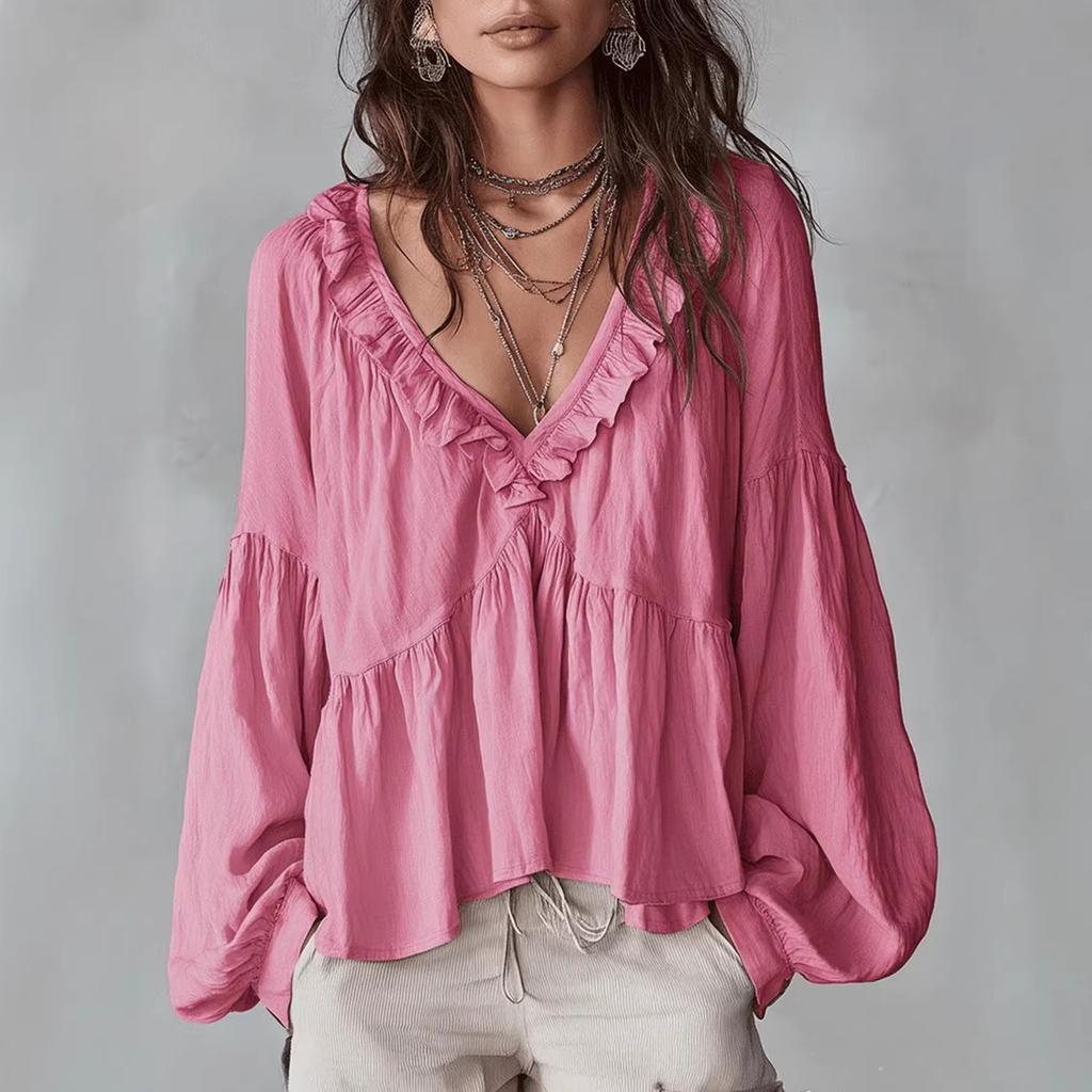 Women's Loose-fitting, Casual, And Sweet Blouse With Ruffled Trim And Puff Sleeves.