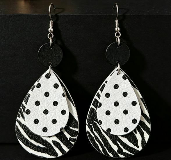 Polka Dot Double Layer Water Drop Leather Earrings - Black & White Geometric Accessories