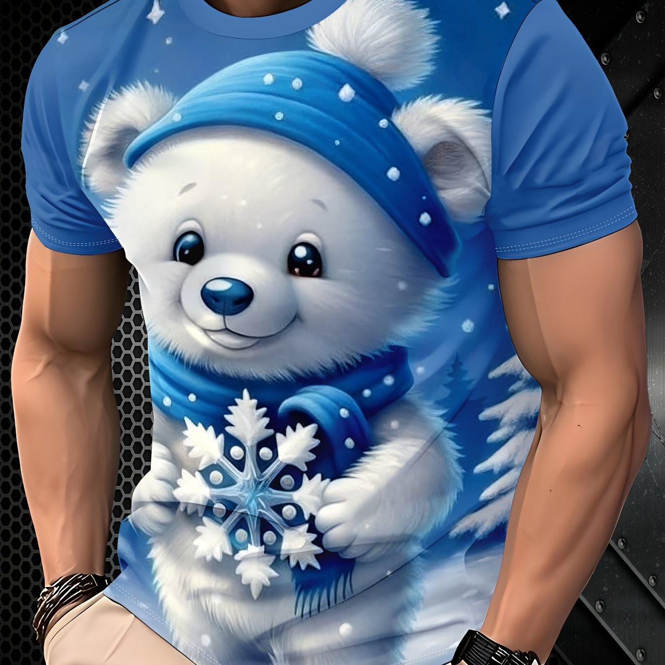 Men s Cute Polar Bear Print T - Shirt With Snowflake Pattern And Blue Winter Theme For Casual Daily Wear Summer Short Sleeve Top S синий