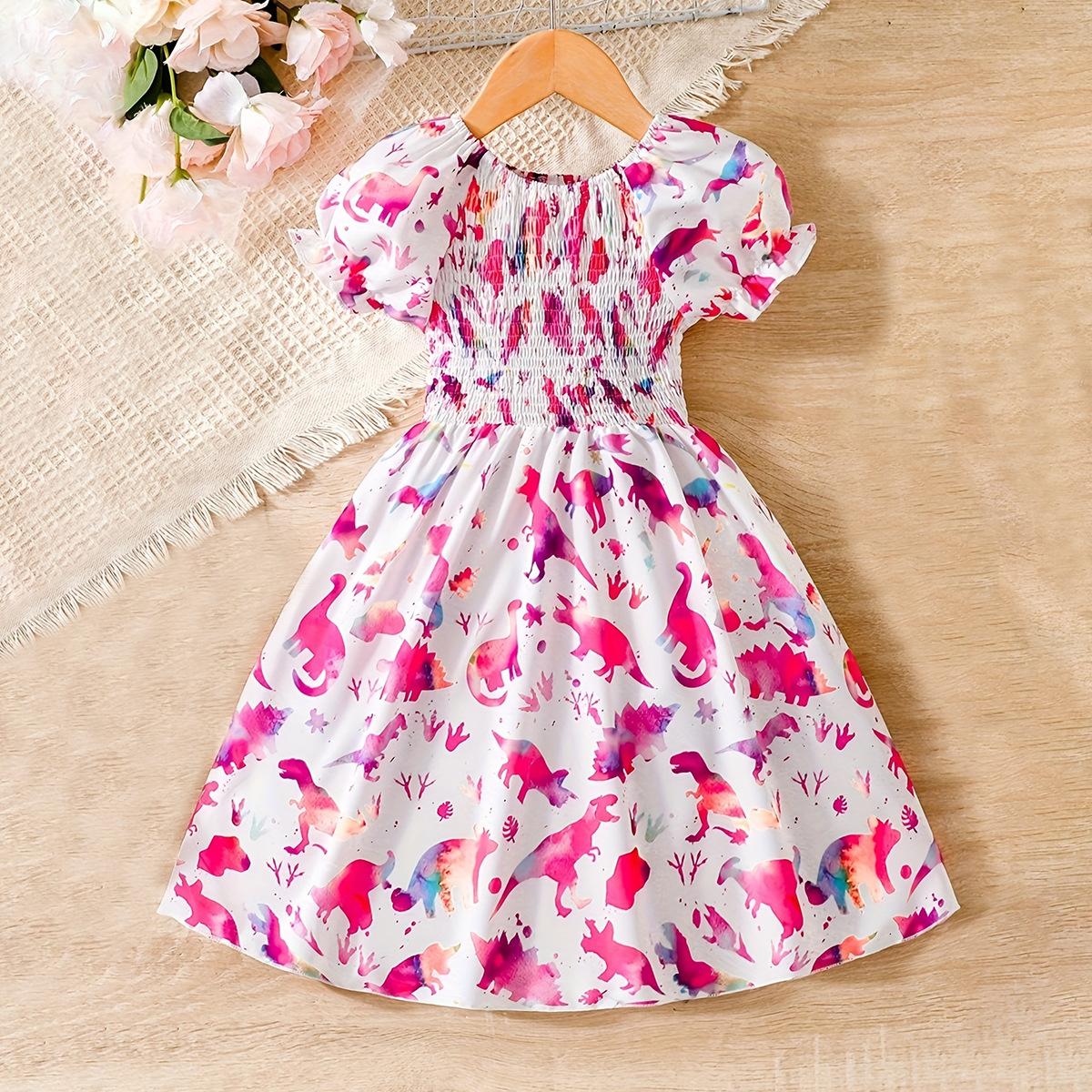 

Платье для девочек с талией и принтом динозавра из мультфильма, летнее модное платье для детей 7Y розовый