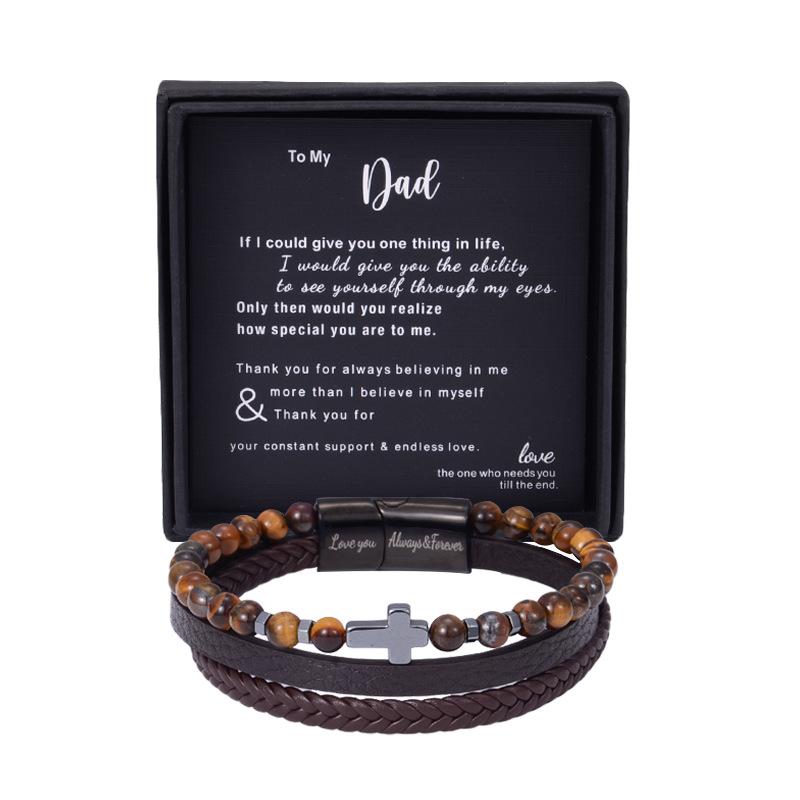 Creative Natural Stone Stainless Steel Bracelet - Obsidian Volcanic Stone Element Simple Cross Multi-Layered Bracelet