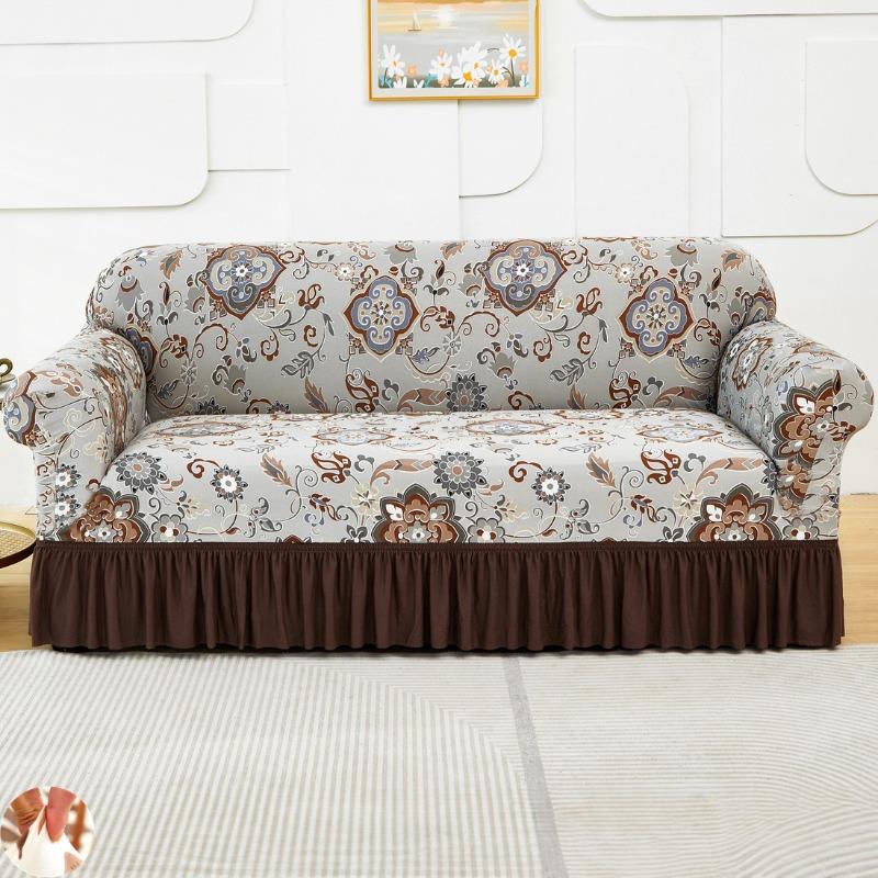 High Elastic Stretchable Easy Fit Universal Furniture Protector Printed Sofa Slipcover Couch Cover with Skirt Durable Washable