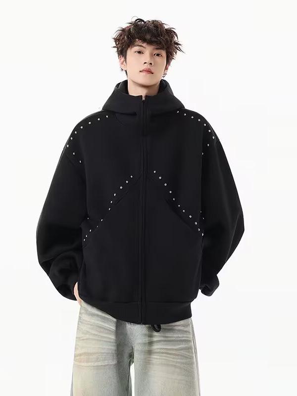 Men's Autumn/Winter Designer Rivet Patch Doberman Ear Hooded Sweatshirt - Trendy Versatile Heavyweight Cardigan Jacket