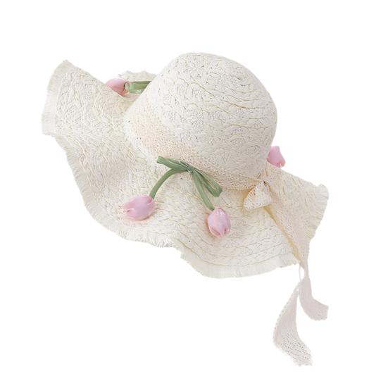 

Летняя пляжная шляпа с волнистой бахромой, тюльпановый декор, кружевная лента, соломенная шляпа, французский стиль, складная, портативная, для путешествий на открытом воздухе бежевый