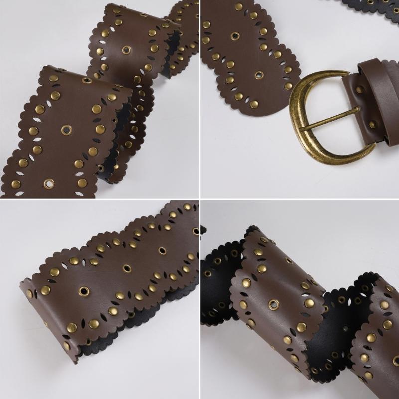 Retro Studded Wide Belt for Women And Lady 7.5cm Width PU Leather Waist Strap with Metal Rivets for Casual Outfits