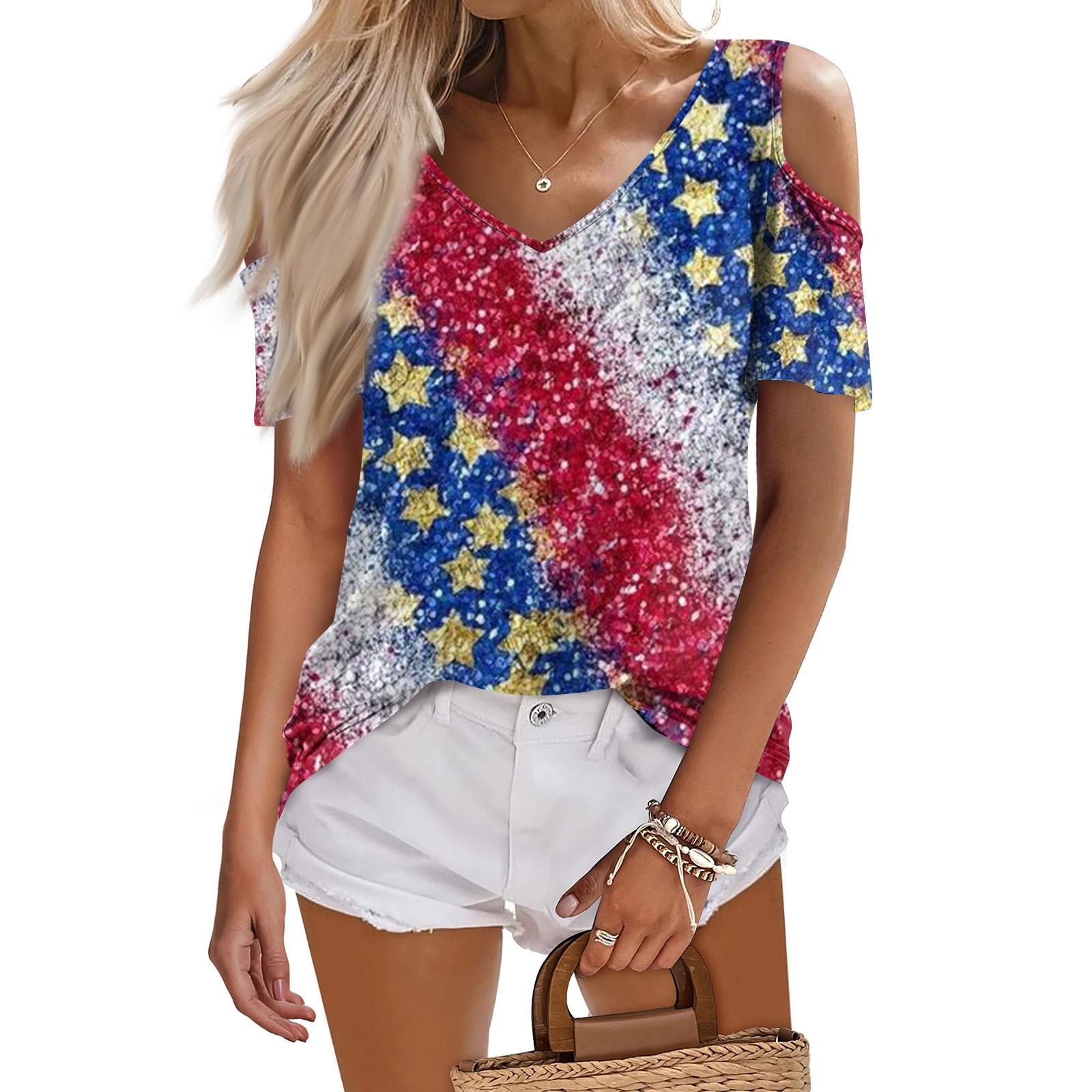 

Женская летняя модная повседневная футболка без бретелек с v-образным вырезом и короткими рукавами, посвященная Дню независимости, топ XL
