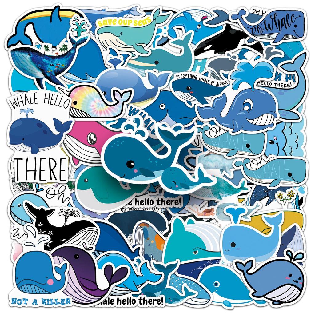51 Cartoon Whale Graffiti Stickers for Kids - Marine Life DIY Stickers for Water Cup, Skateboard, Suitcase, and Stationery