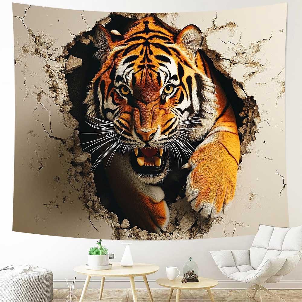 VIKAMA 3D Tiger Bursting Through Wall Tapestry  Perfect for Adding Dramatic and Bold Style to Any Room Decor Ideal for Home