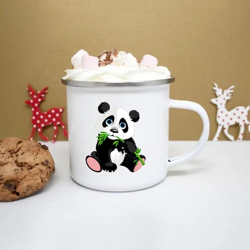 Cute Panda Print Enamel Creative Coffee Tea Water Cups Drinks Dessert Breakfast Milk Cup Kawaii Mugs Handle Drinkware Best Gifts
