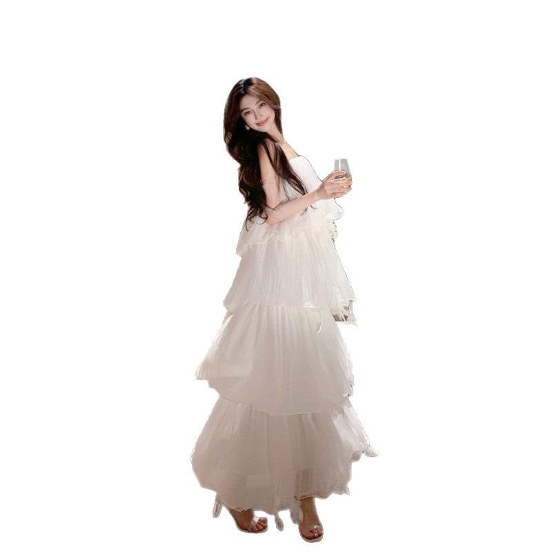 French Heavy Industry Pleated White Ruffle Edge Cake Suspender Dress Fairy Temperament Elegant Morning Robe Dress Dress Dress