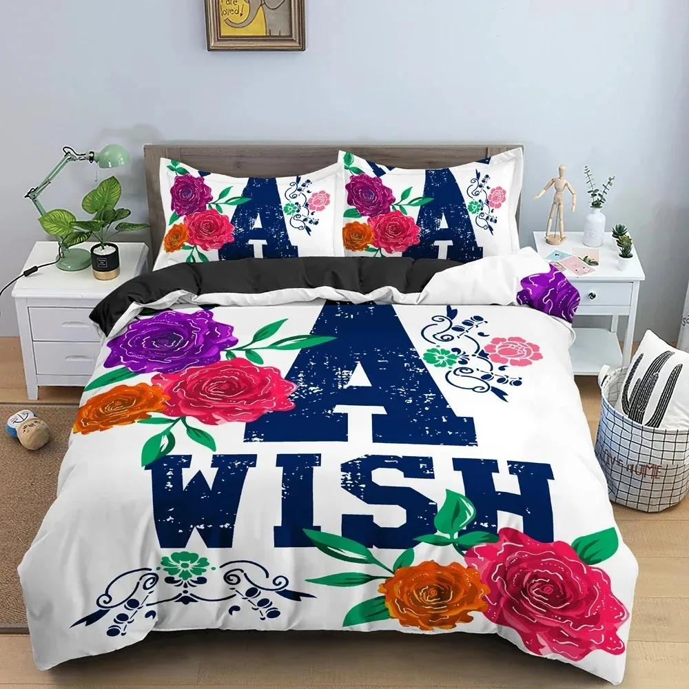 Beautiful Flowers Love Duvet Cover Set For Bedroom Decor Luxury Bedding Set English Letters Background King Bedclothes 3Pcs