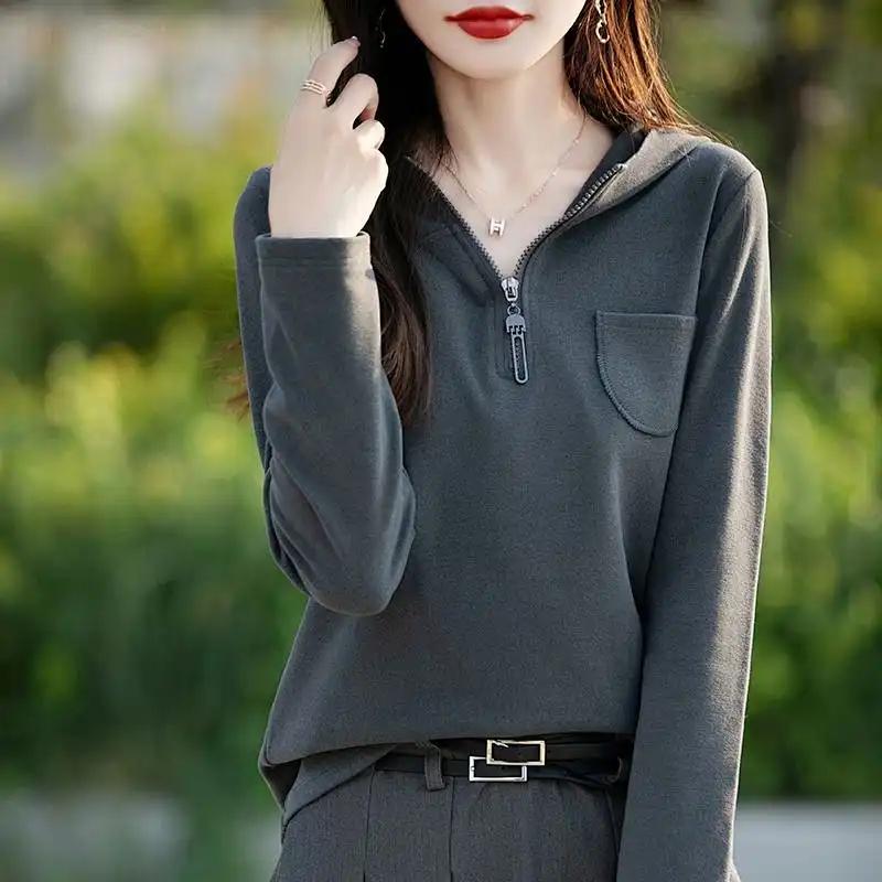 Women's Korean-Style Casual Half-Zip Hoodie Solid Color Pullover Plus velvet Long-Sleeve Hooded Sweatshirt