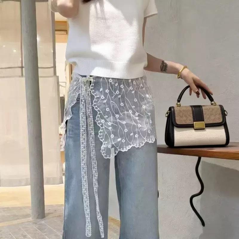 Korean Lace Embroidered Waistband Tulle Skirt with Layered Scarf Accessory