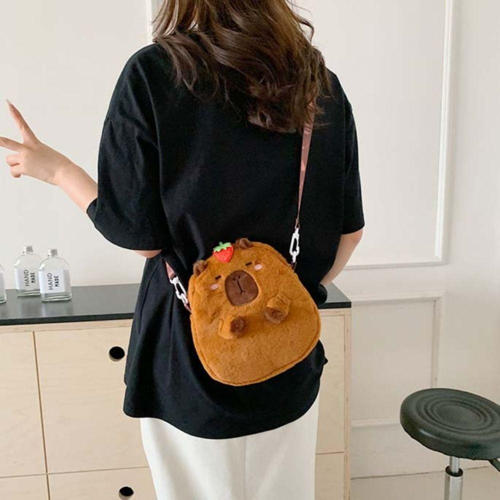 Zipper Capybara Plush Shoulder Bag Animal Cartoon Cartoon Capybara Handbag  Unisex