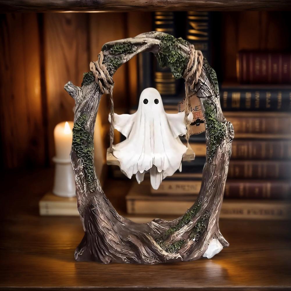 Halloween Swing Ghost Statue Resin Spooky Figurine Halloween Ghost Tree Swing Ornament Desktop Bookshelf Halloween Decor
