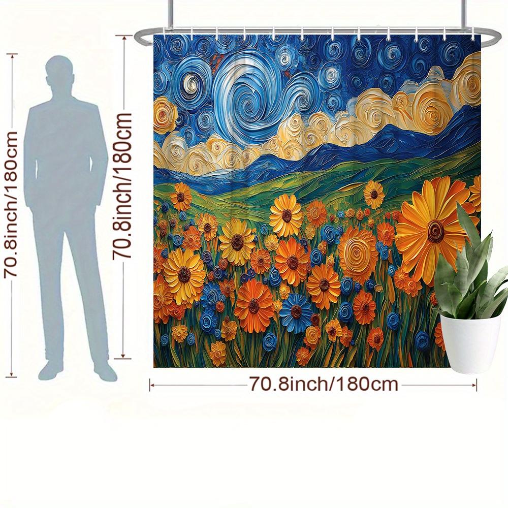 1Pc Van Gogh-Inspired Starry Night Floral Field Shower Curtain With Swirling Clouds & Vibrant Flowers - Polyester, Machine Washa