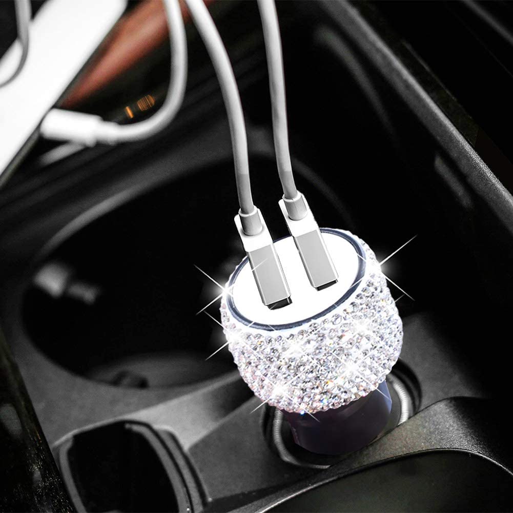 Dual USB Car Charger Bling Handmade Rhinestones Crystal Car Decors Safety Hammer Design Car Decorations Fast Charging for Phone