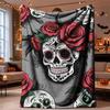 Halloween Flannel Throw Blanket Sugar Skull Rose Pattern Cozy Napping Home Decor
