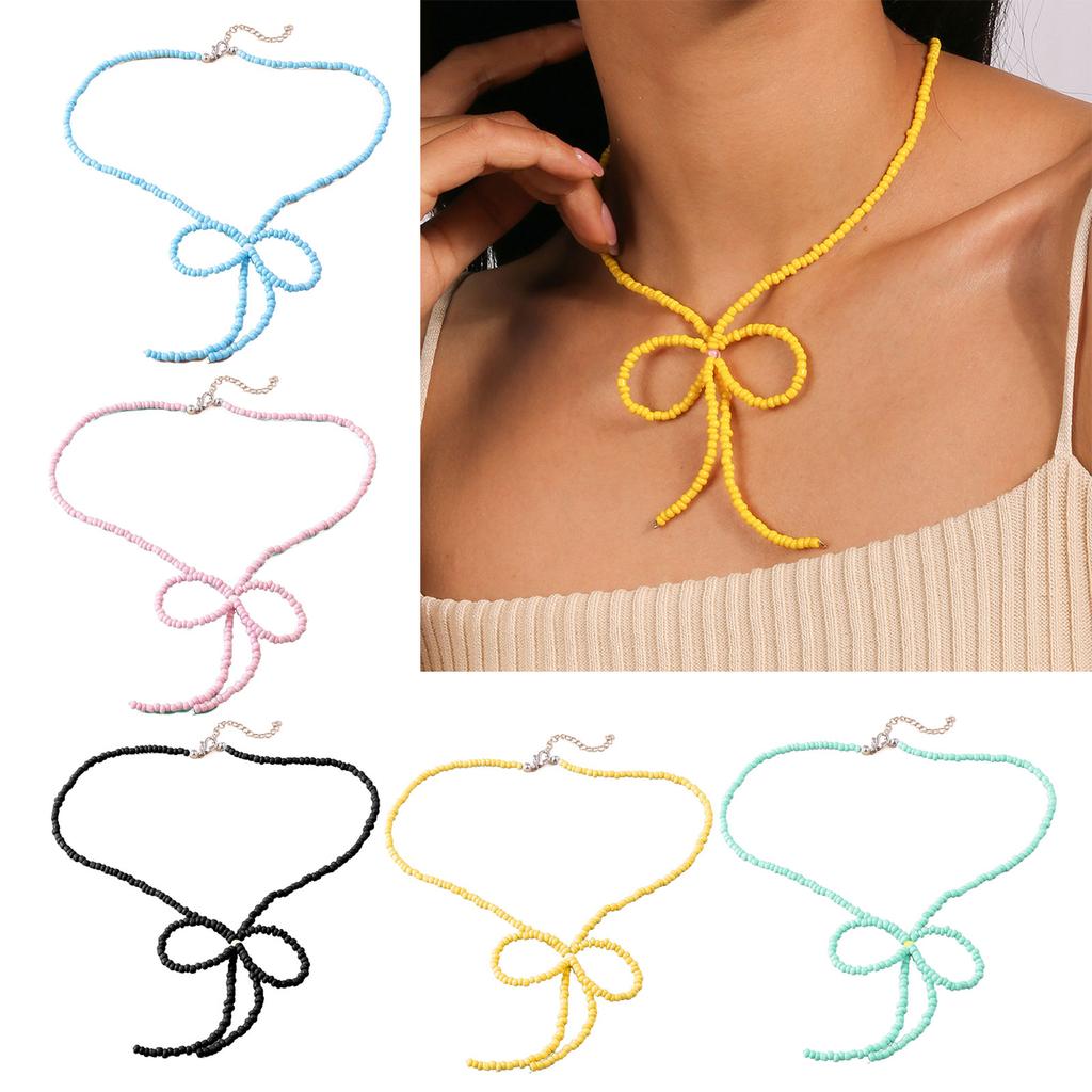 Vintage Design Niche Cold Wind Exaggerated  Beads Bowknot Necklace Clavicle Chain Female Colored Rice Bead Jewelry