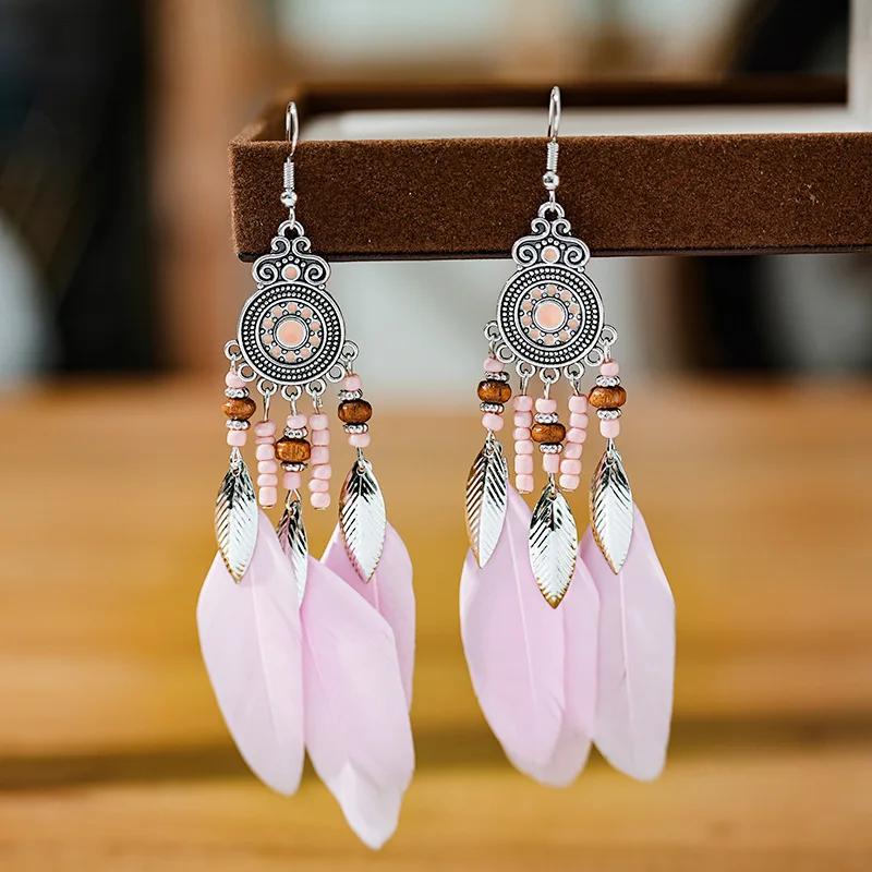 Ethnic Long Tassels Feather Drop Earrings For Women Elegant Wood Beads Leaf Colorful Feather Dangle Earring Bohemian Jewelry