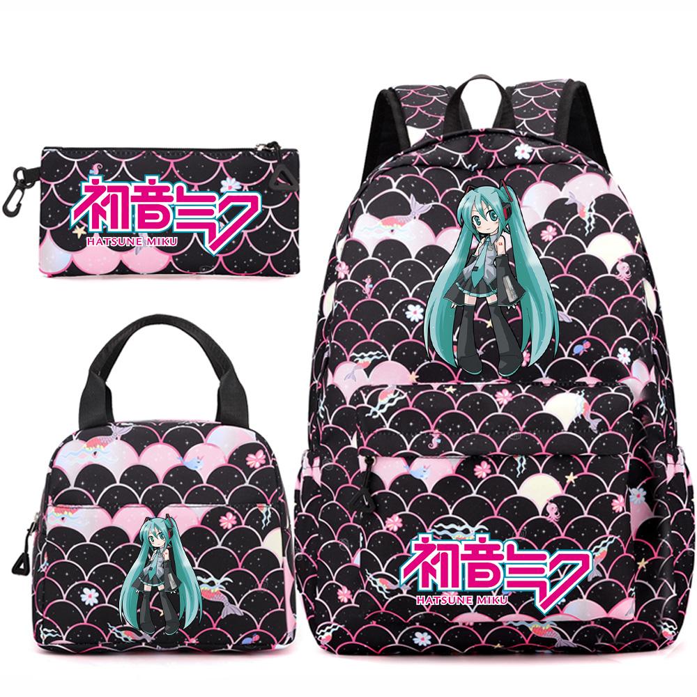 3 Stück/Set Anime Cartoon Hatsune Miku Bedruckter Rucksack Handtasche Federmäppchen für Teenager Schüler Mädchen Jungen Große Kapazität Wasserdicht Schultasche Reisetasche