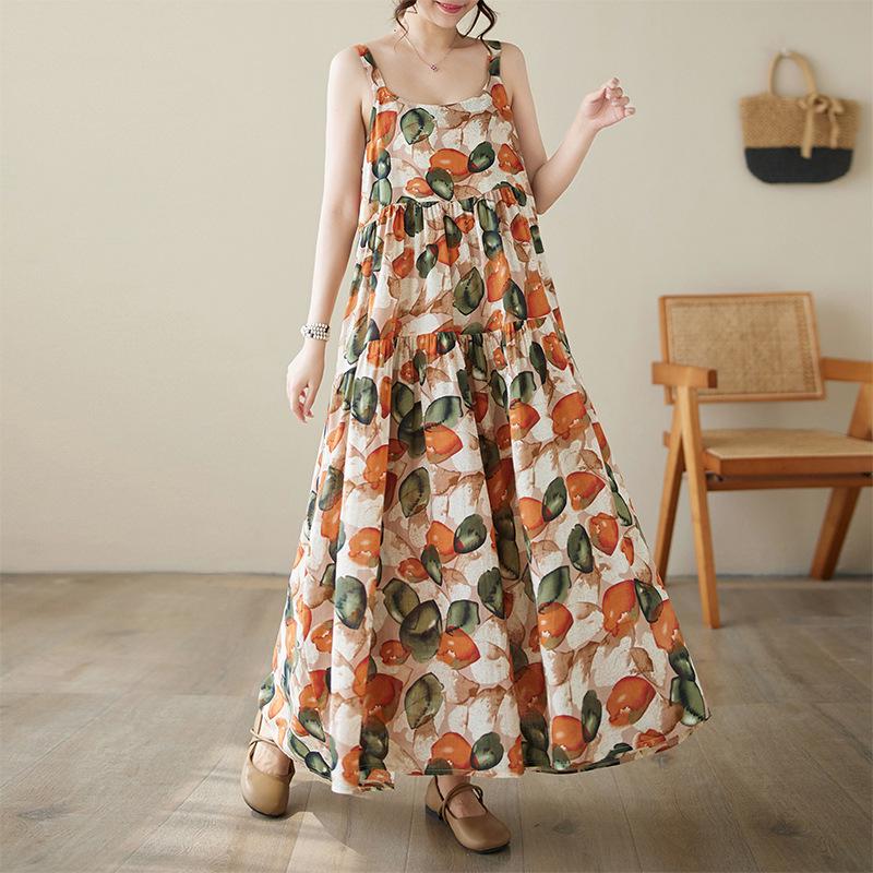 2026 Summer Cotton Linen Patchwork Long Dress with Slimming Loose Fit and Large Hem Skirt