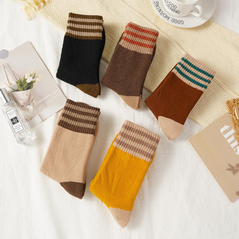 5 Pairs Women's Autumn Winter Thicken Mid-tube Socks Striped Warm Comfortable Socks Floor Socks