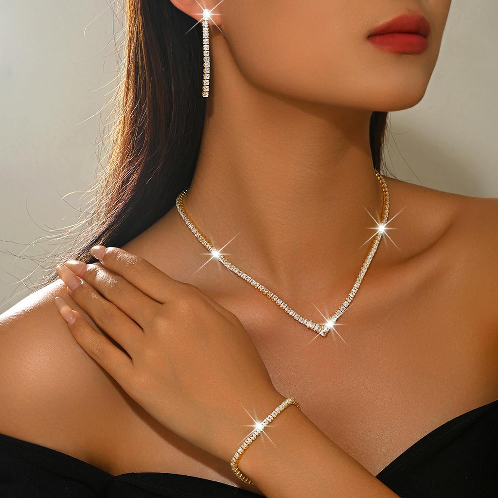 Fashion Versatile V Shaped Jewelry Sets Shiny Rhinestone Tassel Earrings Tennis Bracelet Collarbone Necklaces for Women Set