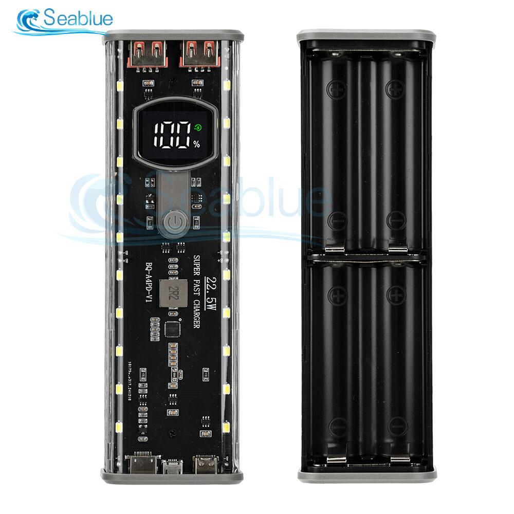 

Корпус Power Bank DIY для 4 батарей 21700, двойной USB 22.5W PD/QC Быстрая зарядка, коробка для хранения батарей 21700 для iPhone Xiaomi чёрный