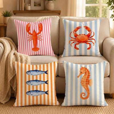 Ocean Life Theme Striped Cushion Cover Double-Sided Printed Pillow Cover Hypoallergenic Dust-Mite Proof