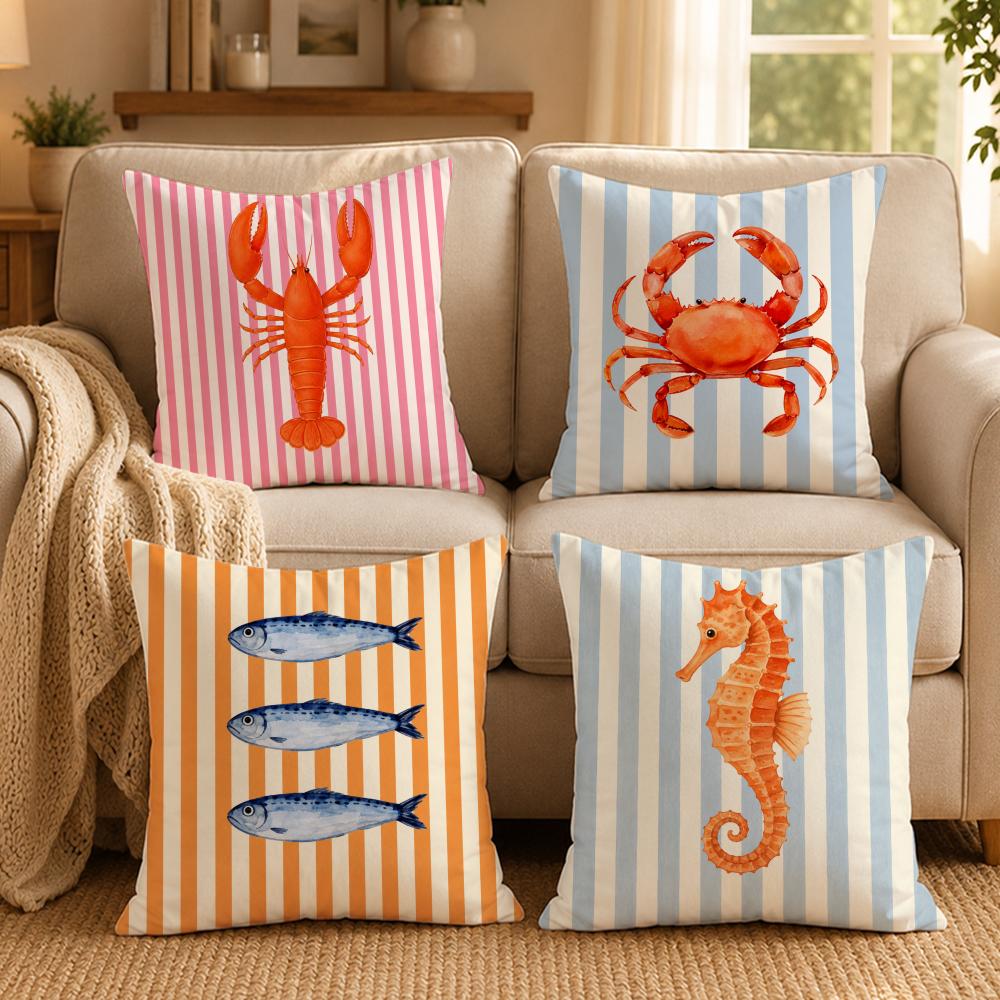 Ocean Life Theme Striped Cushion Cover Double-Sided Printed Pillow Cover Hypoallergenic Dust-Mite Proof