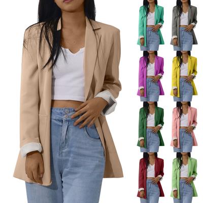 Women Solid Open Front Pockets Cardigan Formal Suit Long Sleeve Blouse Coat
